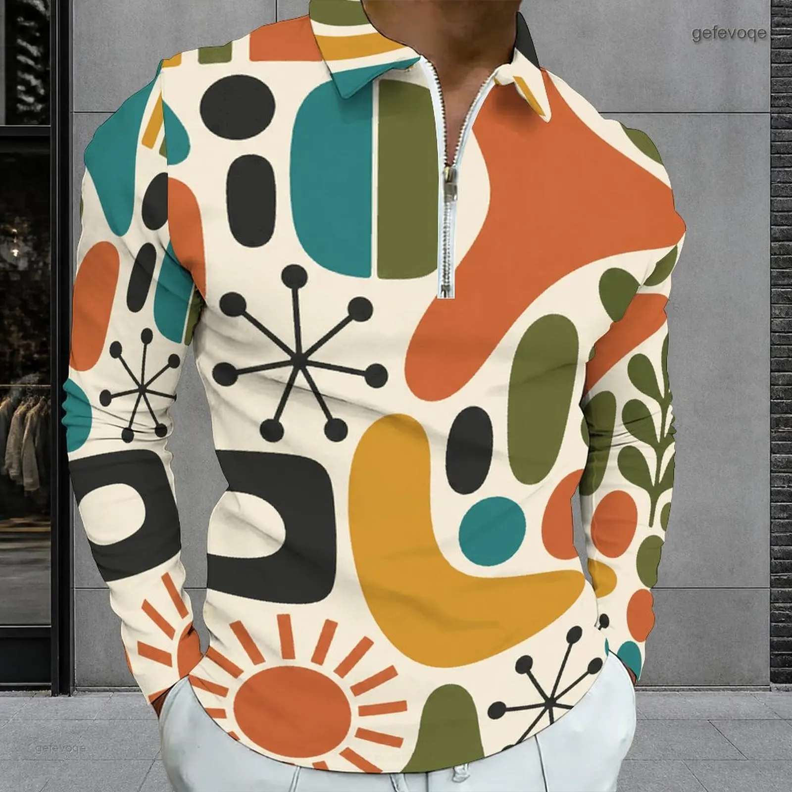 Men Retro Mid-Century Atomic Geometric Print Long Sleeve Quarter Zip Polo Shirt