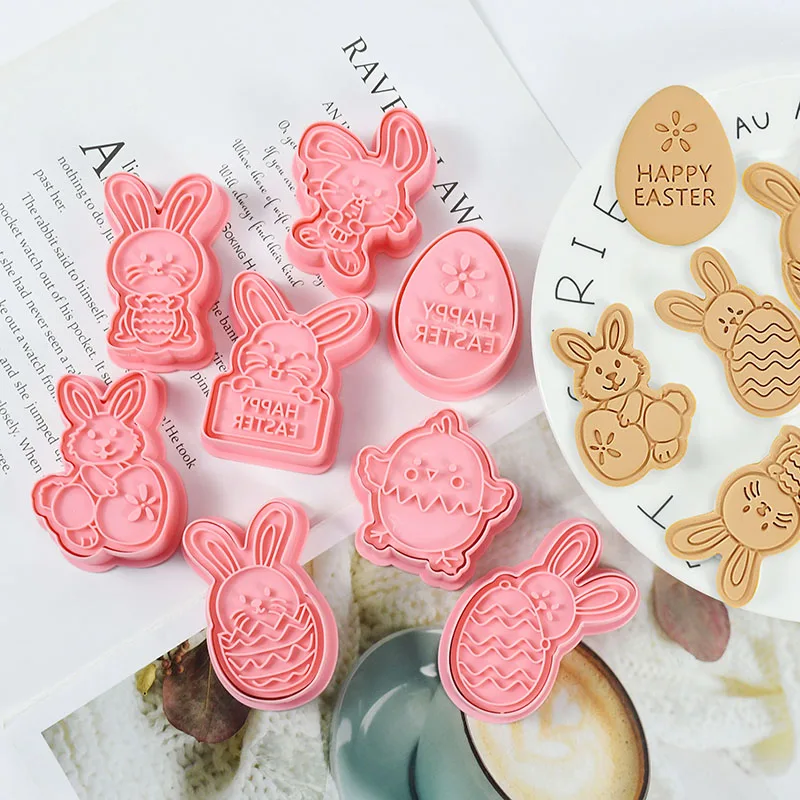 

8pcs/Box Happy Easter Plastic Cookie Molds Cue Bunny Eggs Biscuit Cutter 3D Cartoon Bunny Cookie Molds Easter Party Baking Tools