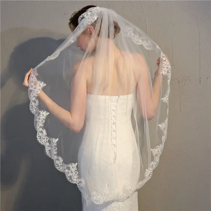 Short Wedding Veils Bride White Bridal Accessories 1 Layer Lace Tulle Elbow Length Bride