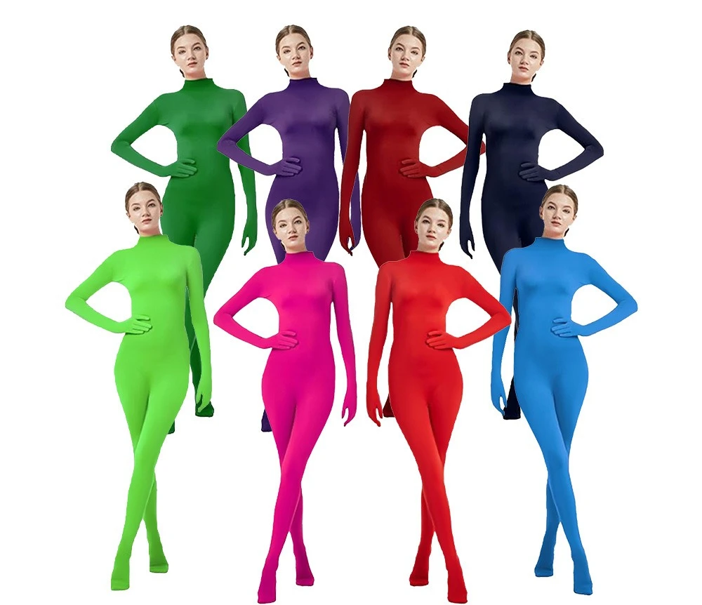 Damen Einteiler Zentai Jumpsuit Ganzkörperanzug mit Hand- und Fußbedeckung Dehnbarer Tanzanzug Bühnenkostüm