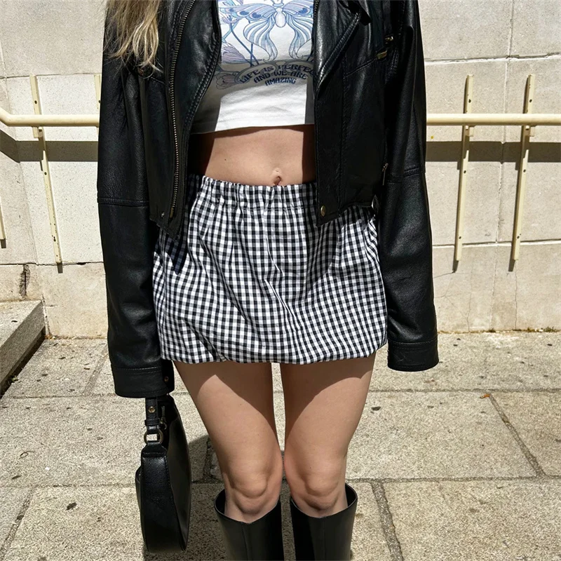 

Women Y2K Cute Plaid Mini Skirt Vintage Gingham Bubble Skirt Casual Elastic Waist A-Line Balloon Short Skirt Streetwear