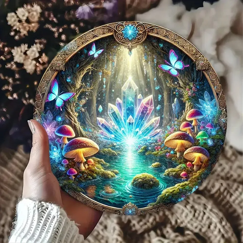 Vintage Enchanted Forest Glowing Crystal Mushroom Round Tin Sign, Retro Magical Blue Butterfly Fairycore Themed Metal Wall Art P