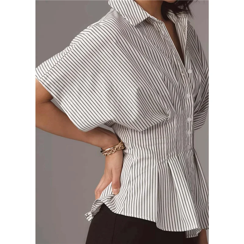 

NEW-Striped Button Down Shirts For Women Short Sleeve Pleated Corset Blouse Casual Summer