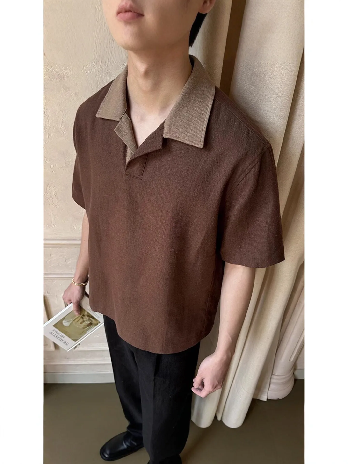 Golf short sleeve tee Summer vintage style linen polo shirt with loose collar and short sleeves retro