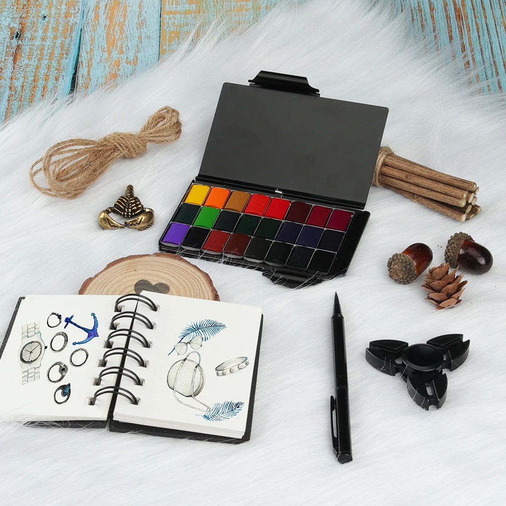 SeamiArt 24color Professional Colors Memo Pad Solid Watercolor Paint Set with 1pc Metal Painting Brush Pen Palette Art Supplies