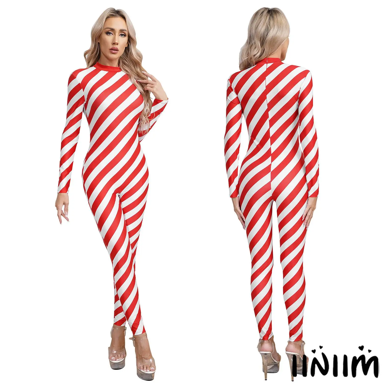 

Men Women One Piece Chirstmas Candy Cane Jumpsuits Red White Stripe Cosplay Costume Fancy Dress-up Party Xmas Catsuit Bodysuit