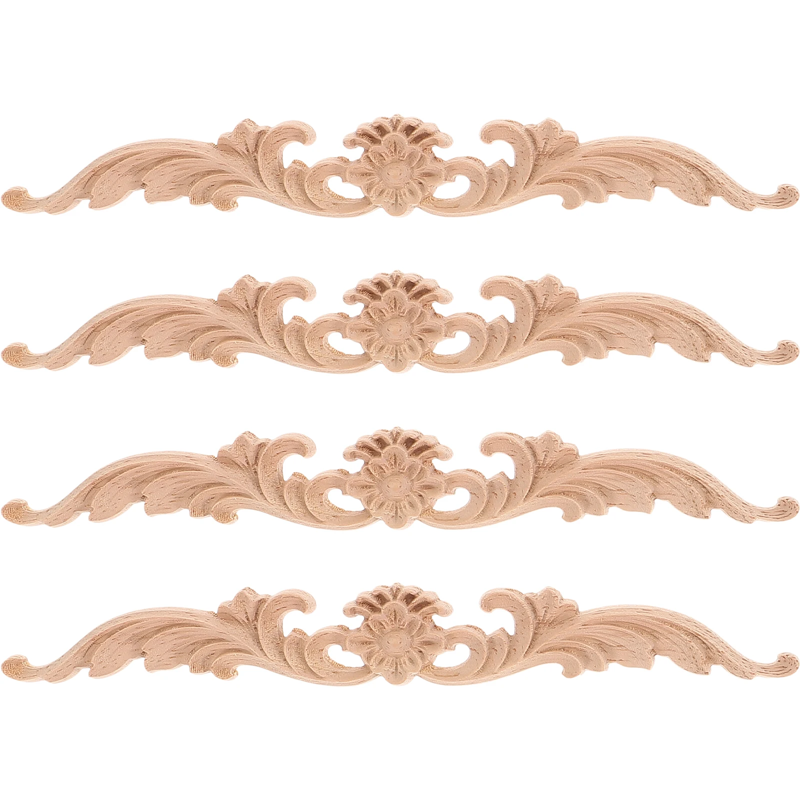 

4pcs Wood Carving Appliques Unpainted Decal Carved Wooden Embellishments Flower Pattern Furniture Cabinet Door Wall