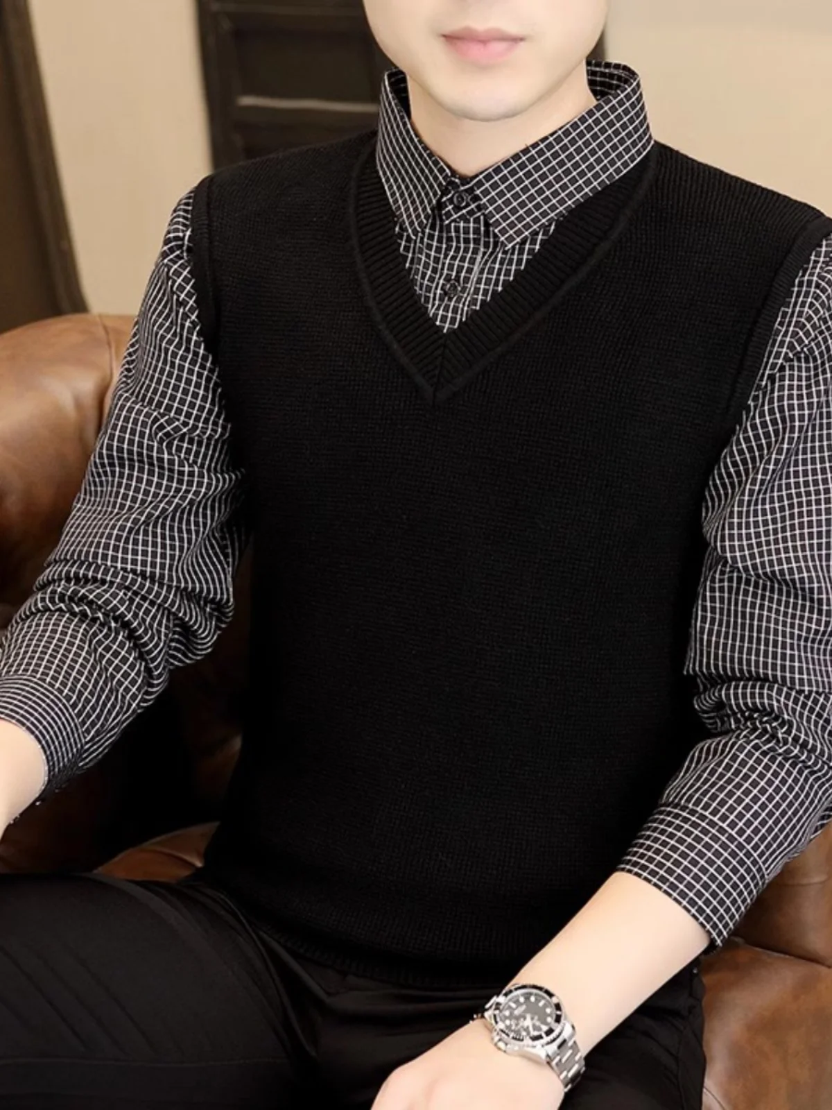 

Мужской вязаный свитер в стиле кэжуал с воротником-стойкой, полосатым узором, модный городской стиль, весна-осень, с длинными рукавами