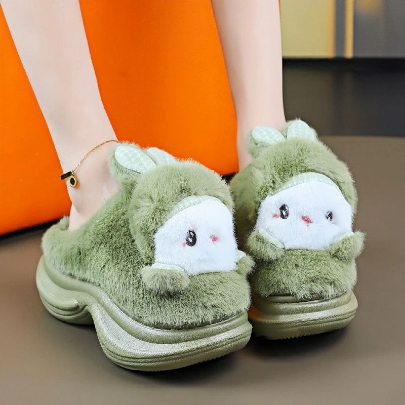 Woman Platform Thick Heeled Elevator Shoes for Women Furry Flipflops New Arrival 2025 Cute Rabbit Fluffy slippers
