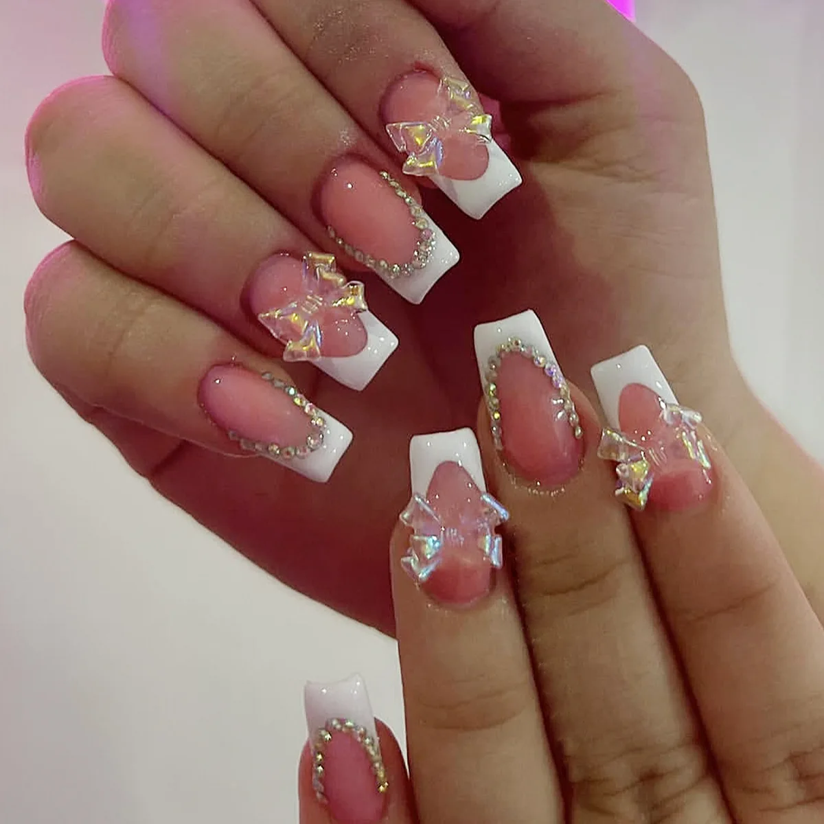 24pcs Mid-length Square Fake Nails Art Wearable with Rhinestones Bow Design White French False Nails Ballet Press on Nails Tips