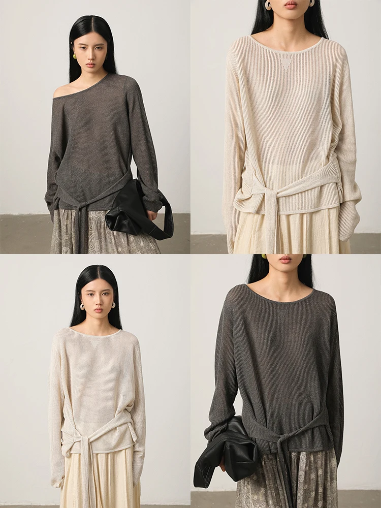 

Vimore Льняной дышащий вязаный топ с поясом, универсальный ажурный женский свободный крой для поездок на работу