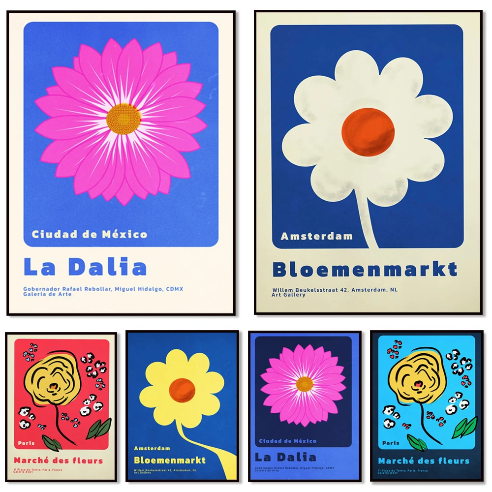La Dalia Print, Mercado de Flores de Paris, Cartaz do Mercado de Flores de Amsterdã, Impressões de Arte, Mercado de Flores Simples Retro, Cartaz de Flores, Fluxo