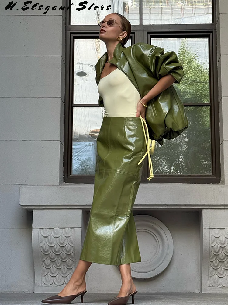 

Autumn Winter Pu Leather Ccoat Skirt Sets For Women Stand Collar Solid Jacket Long Skirt Coats Skirt Sets 2025 Female Outfits