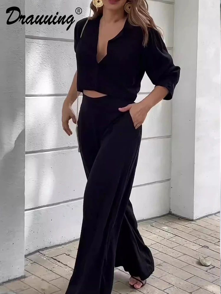 Drauuing 2 Piece Sets Women Long Sleeve Blouse Crop Top And Wide Leg Pant Casual Outfits Women Elegant 2 Pieces Sets Women