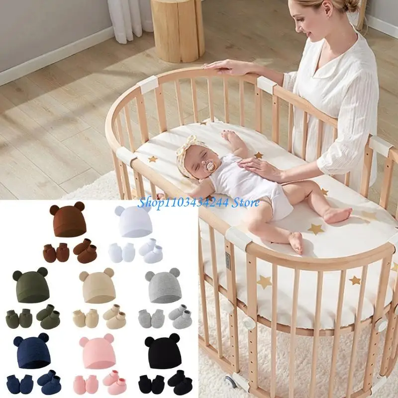 Soft Bonnet Cotton Cap Toddlers Shower Gift Anti-Grab Gloves Foot Cover