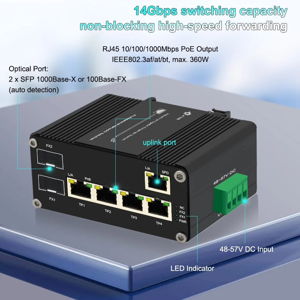 Industrial PoE Fiber Switch IEEE802.3bt 90W 5-Port 10/100/1000Mbps RJ45 and 2-Port 100/1000X SFP Gigabit Ethernet Switch