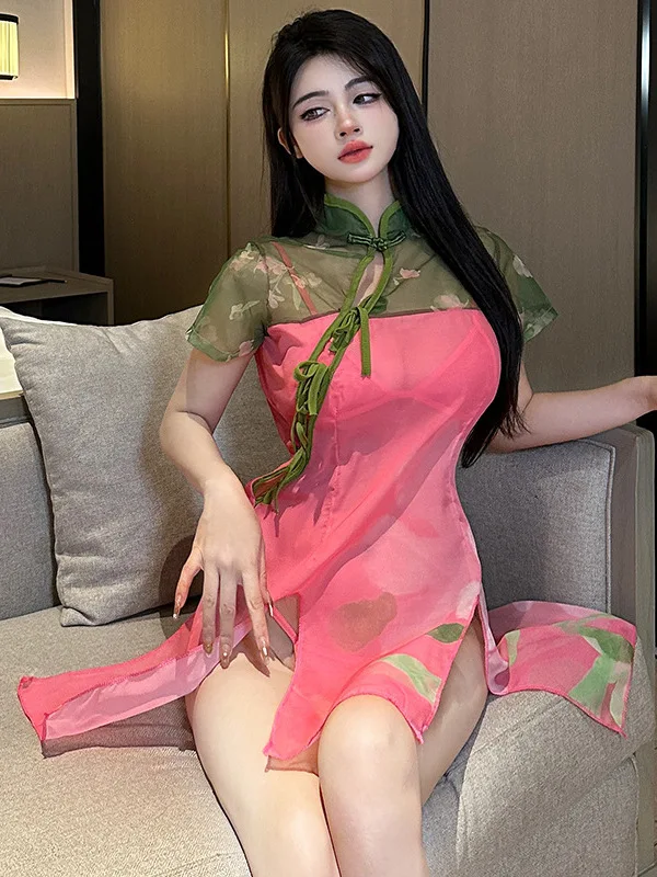 Mesh Sheer Mini Dress T Short Lingerie Cheongsam Hanfu Hot Perspective Classic Printed Uniform Christmas Dress Elegant 5HF7