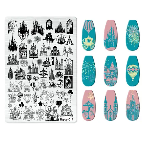 Cartoon Castle Balloon Nail Stamping Plates Butterfly  flower pattern printing Big Size Nail Stamps Geometry Template Stencils