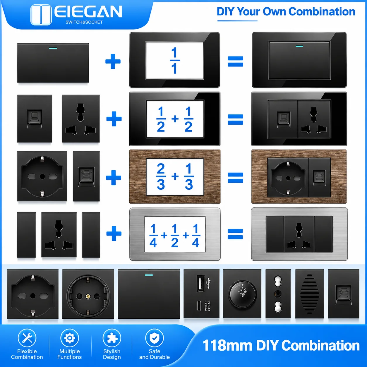 ELEGAN 118mm DIY Modular Wall Socket Switch 1/3 1/2 2/3 1/4 Italian EU Schuko USB-C 20W CAT5 TV SAT Doorbell Curtain Black