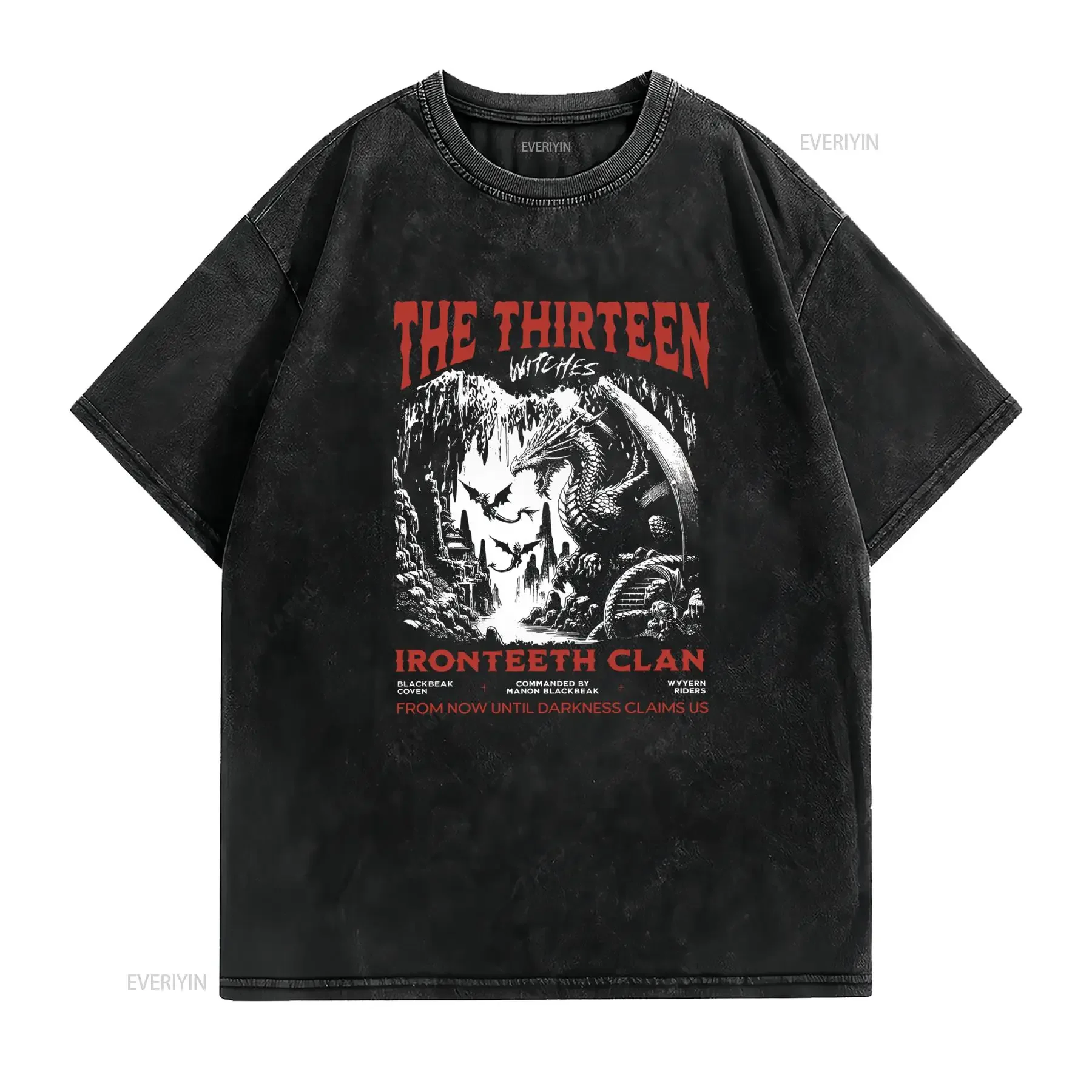 Gothic Dark Streetwear Thirteen Witches Ironteeth Clan Sickle Print Casual T Shirt vintage Washed Breathable Stretched
