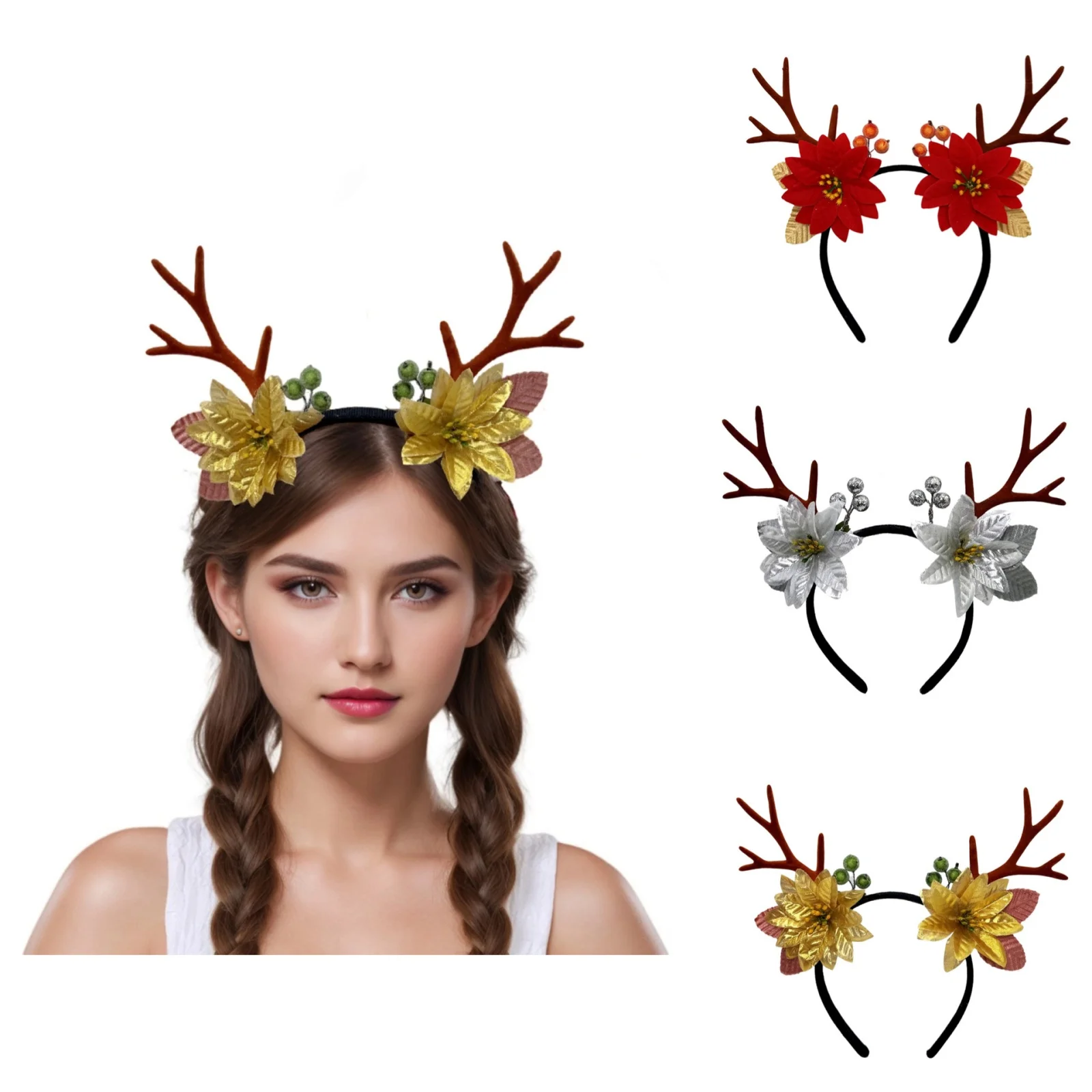 1PC クリスマストナカイの角ヘッドバンド - ポインセチアの花の装飾ヘアアクセサリークリスマスパーティーコスプレフェスティバル装飾用