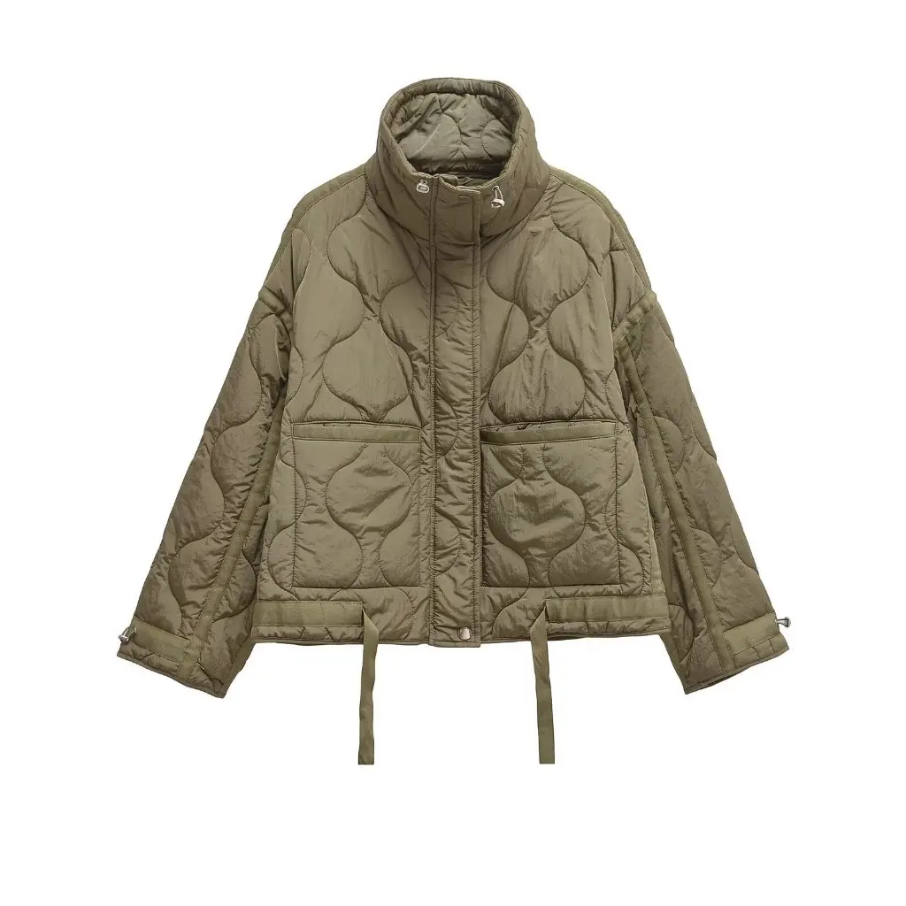

Women's Slimming Coat with Stand Collar Zipper Large Pocket Cuff Drawstring European And American Style Water Ripple Design for