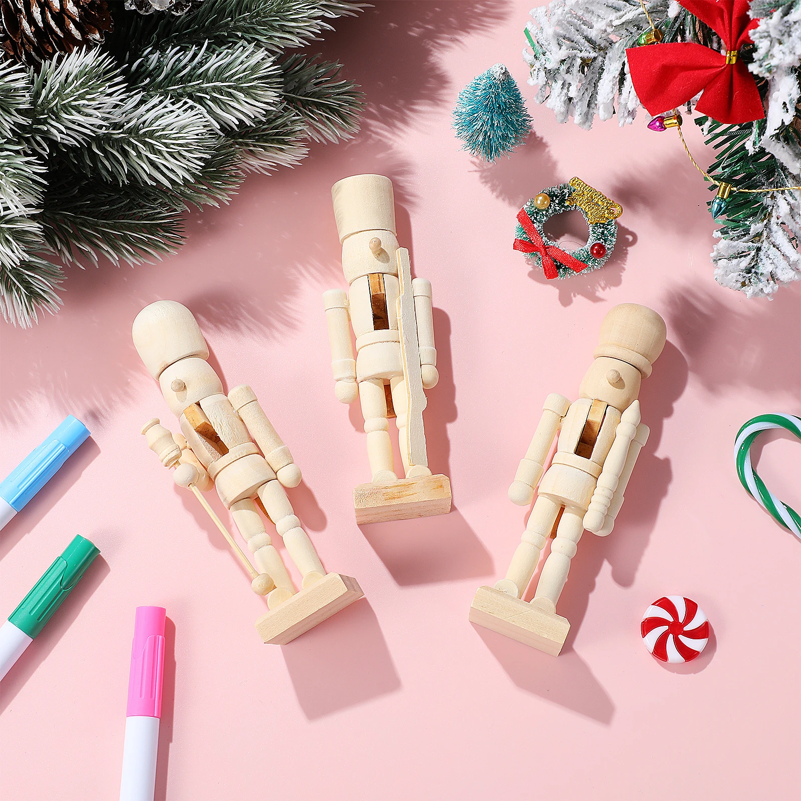 

3Pcs Wooden Nutcracker Soldier Creative Design Solid Wood Christmas Decoration DIY Imagination Gift