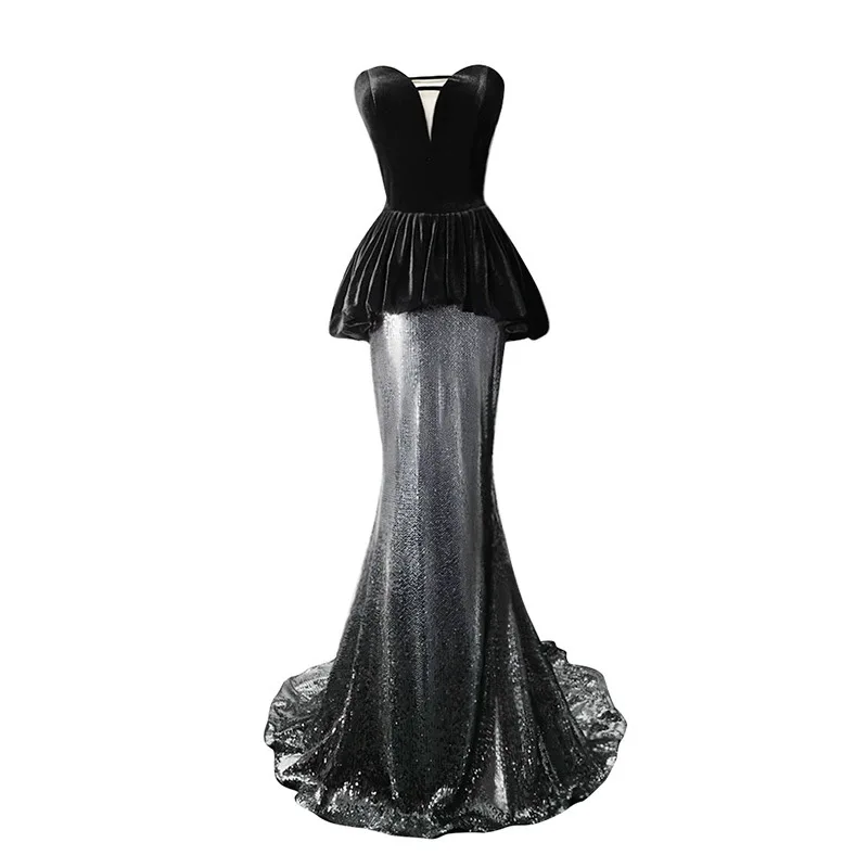 Black Silver Sequins Evening Dresses Ruffle Strapless Sleeveless Slim Women Mermaid Party Formal Bridesmaid Prom Gowns 2024