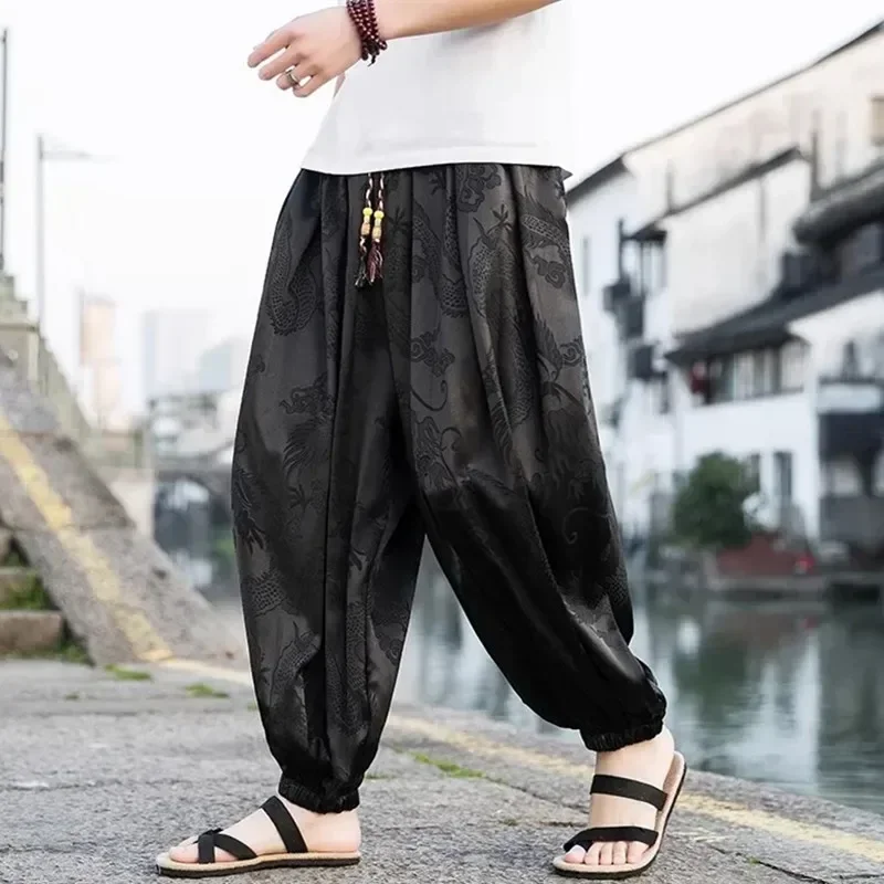 2024 Spring Outdoor Brand Pants For Men Lce Silk Dragon Dark Flower Loose Bloomers High Quality Wide Leg Casual Trousers Male