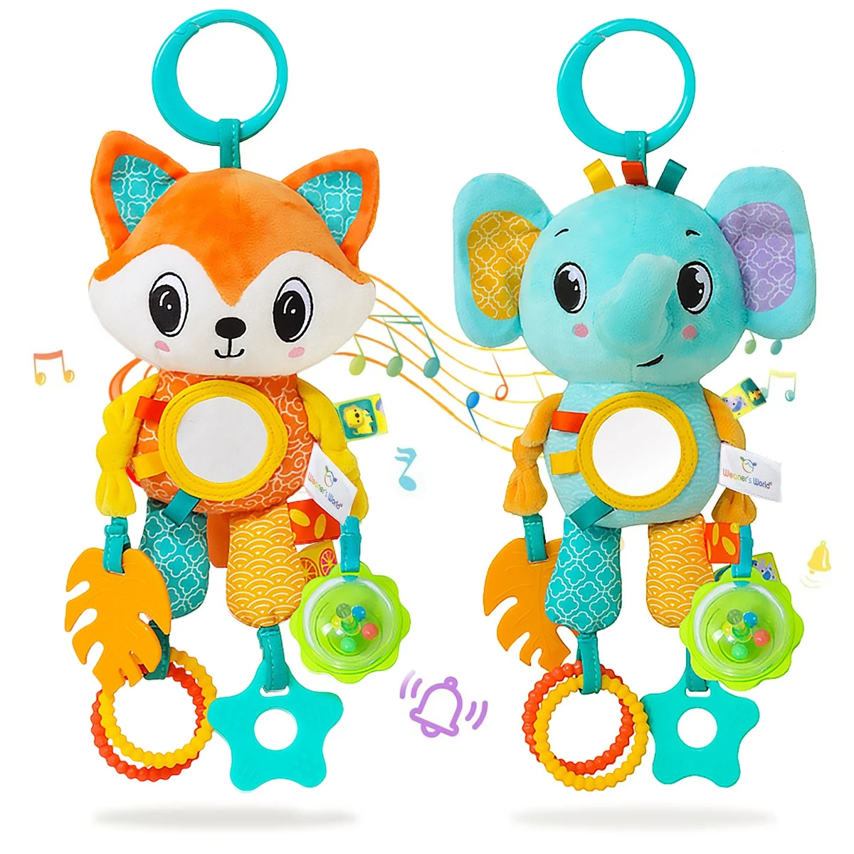Soft Sensory Hanging Toy for Babies - Plush Animals with Rattle & Teether 1