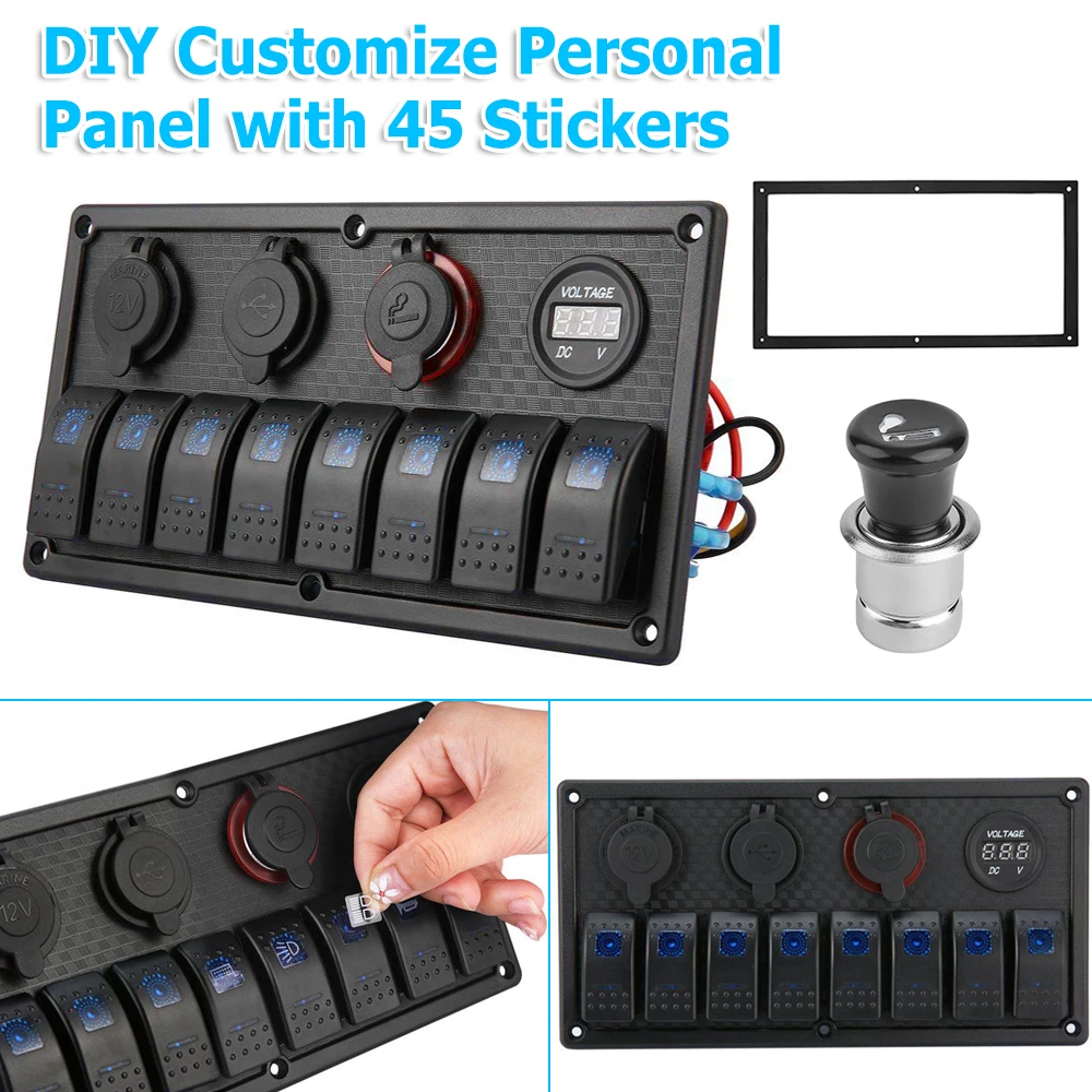 8 Group Marine Rocker Switch Panel Waterproof LED Toggle Switch With Lamp With Fuse Circuit Breaker Protection Control Mounting