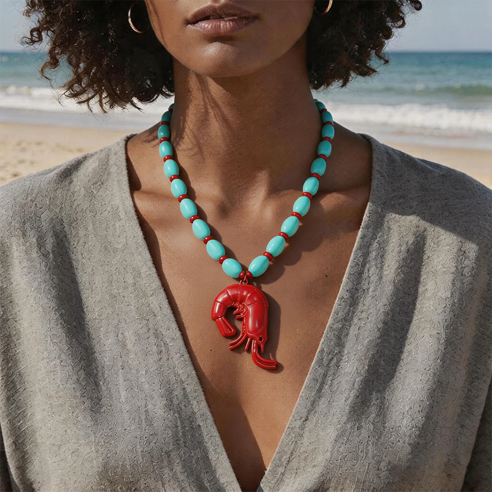 

2026 New Resin Beaded Lobster Pendant Necklaces for Women Fashion Summer Beach Party Jewelry Vacation Gifts