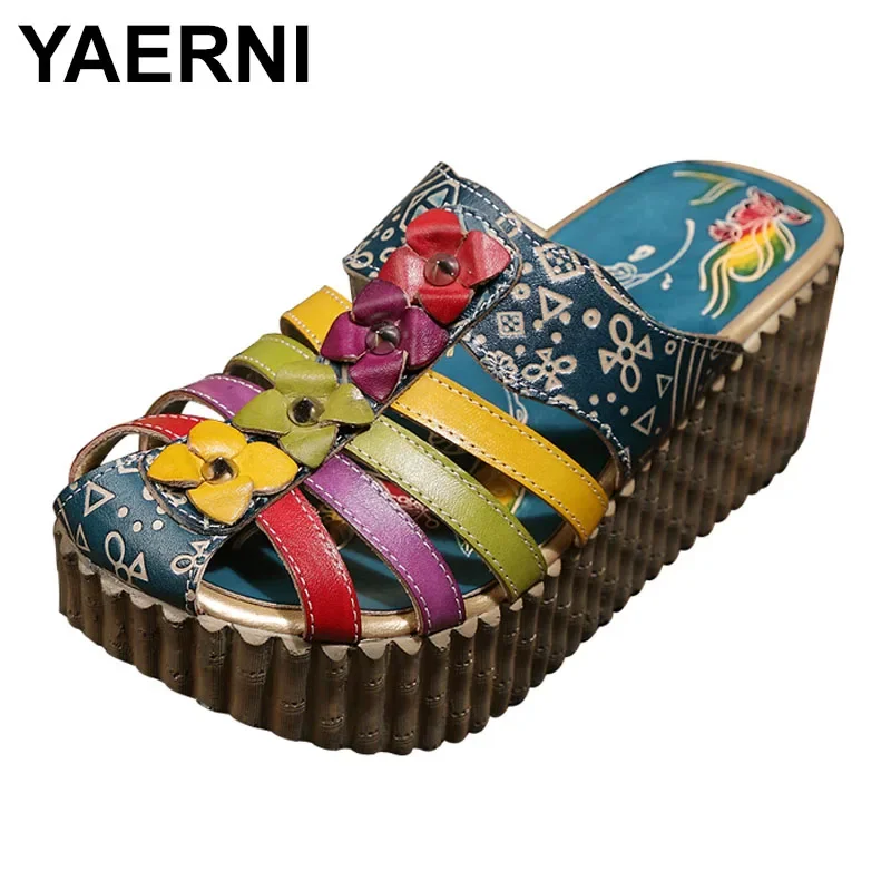 YAERNI Summer New Hand Hollow Out Shoes Women Slides Genuine Leather Cover Toes Flower Woman Platform Slippers