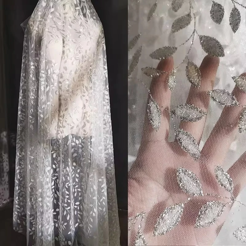 Heavy Industry Embroidery Leaf Mesh Fabric High End Wedding Dress Spray Gold Powder Flash DIY Handmade Designer Fabric