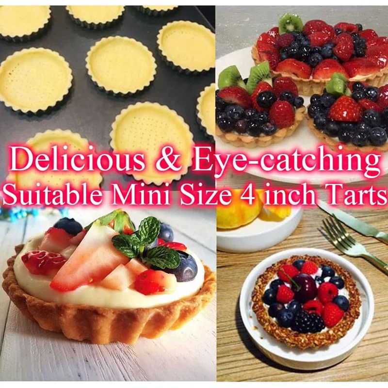 7PCS 4Inch Mini Tart Pans With Removable Bottom Non-Stick Quiche Pans Reusable Fluted Edges Small Tart Molds For Party