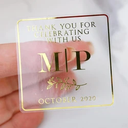 50pcs Thank You Stickers Wedding, Transparent Wedding Sticker, Personalized Wedding Name Sticker for Favors, Gold Foil Stickers