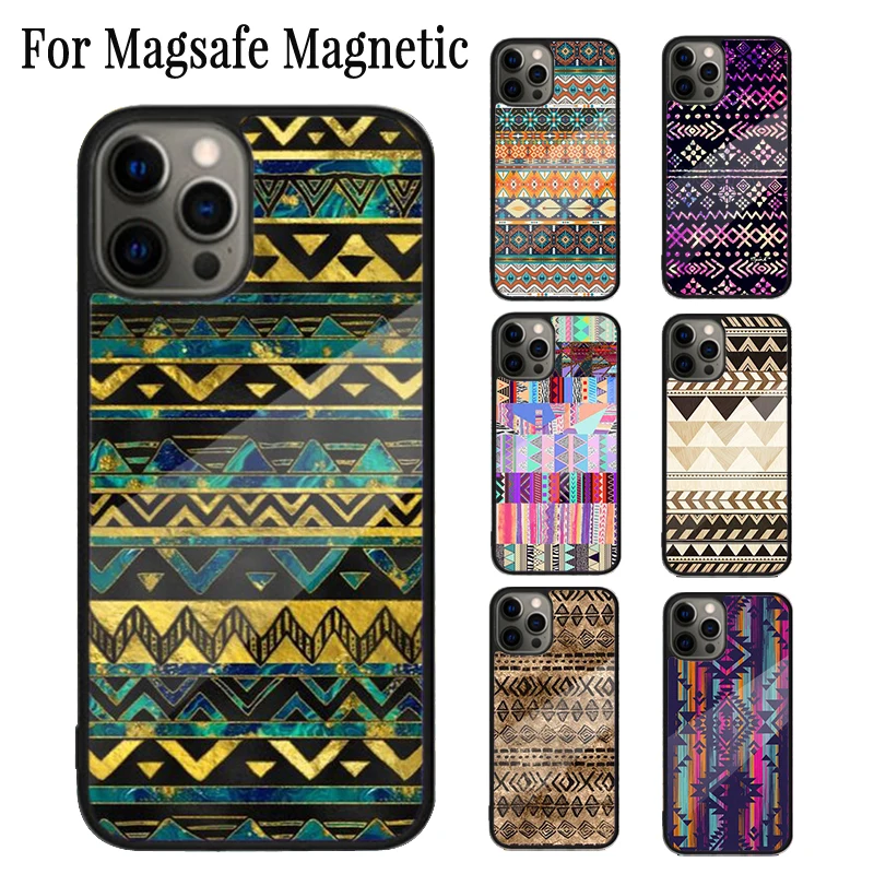 Tribal Aztec Geometric Magnetic Phone Case Coque For iPhone 16 15 14 Plus 13 12 Mini 11 Pro Max Magsafe Wireless Charging Cover