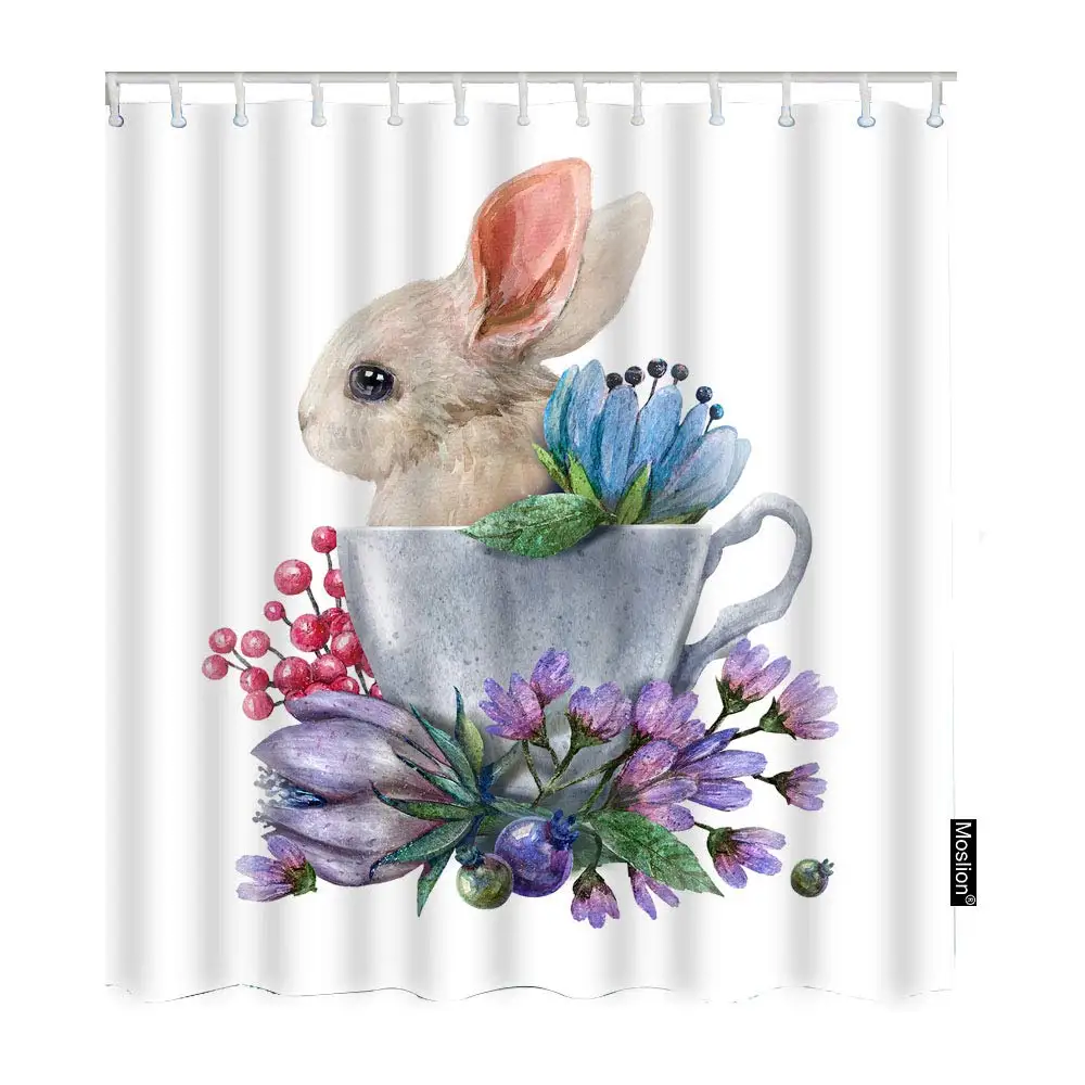 Rabbit Shower Curtain Cute Animal Hare Bunny In Tea Cup with Berry Leaf Flowers Shower Curtains Home Decor Waterproof Fabric