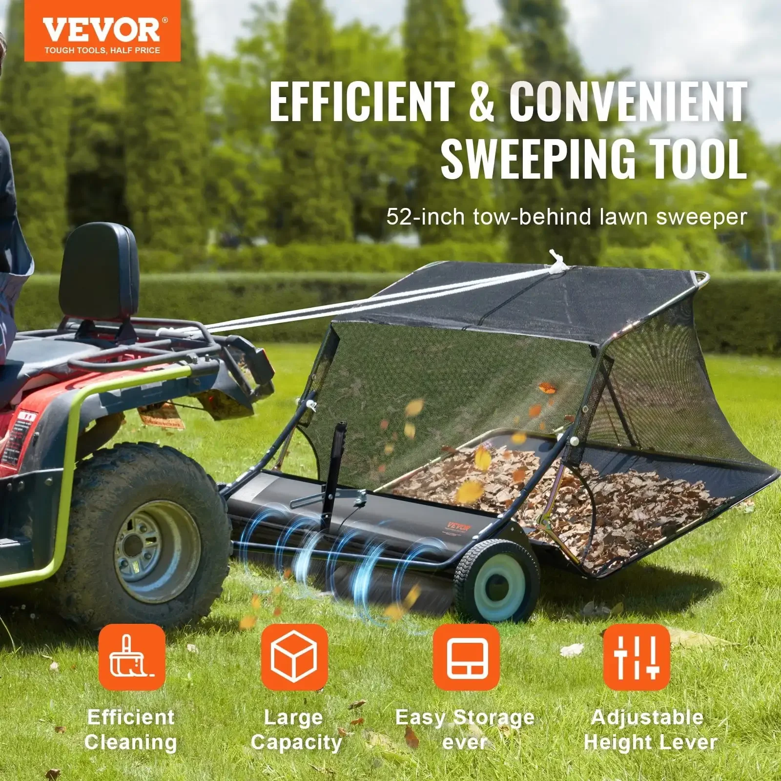 Tow-Behind Lawn Sweeper 52-inch Leaf Yard Collector 26 cu.ft. Adjustable