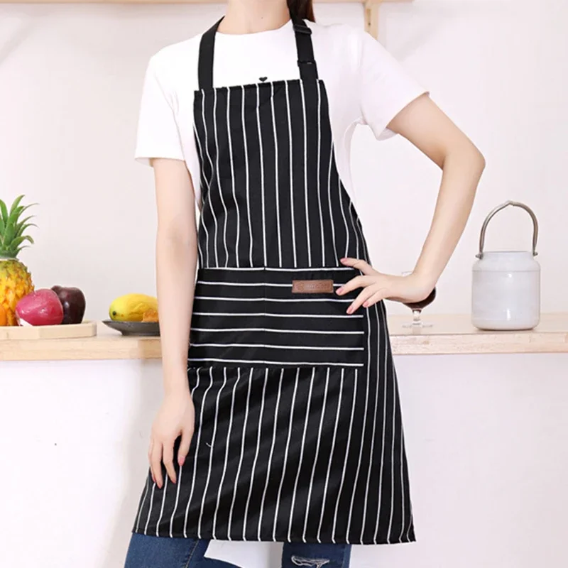 Striped Chef Cooking Apron Cotton Linen Halterneck Apron with 2 Pockets Men Woman Restaurant Kitchen Baking Work Apron