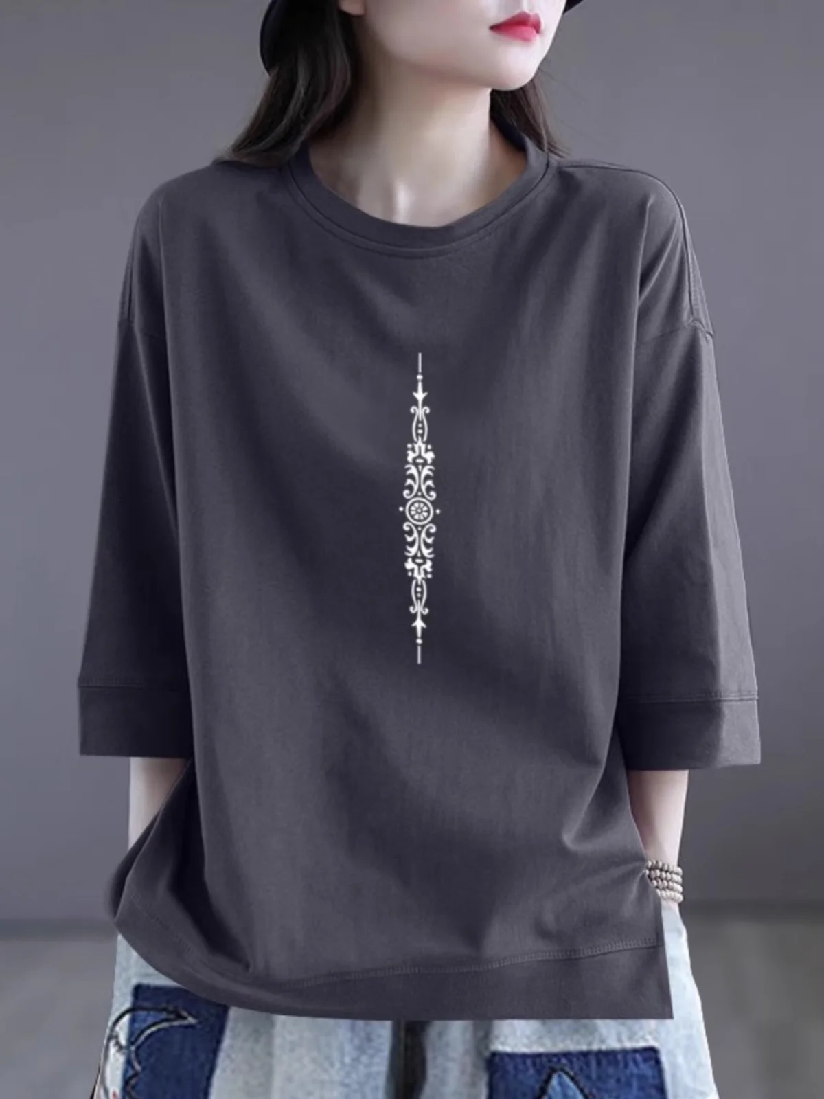 

Модная женская футболка из хлопка с принтом, с круглым вырезом, из чистого хлопка, с клипсой для этикетки, сезонная, стильный топ