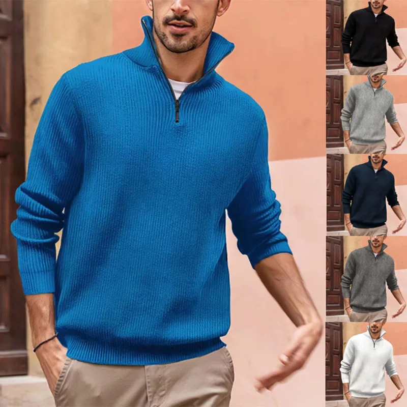 New Mens Top Casual Fashion Zipper Stand Collar Bottoming Wool Shirt Mens Sweater