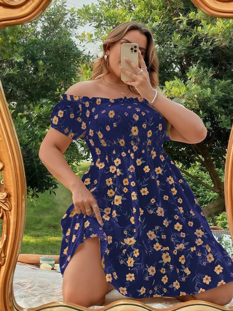 فستان نسائي مطبوع عليه زهور، ملابس للإجازات، فستان صيفي أنيق مرن مكشوف الكتفين، مقاس كبير، فساتين مثيرة لطيفة وقصيرة #3