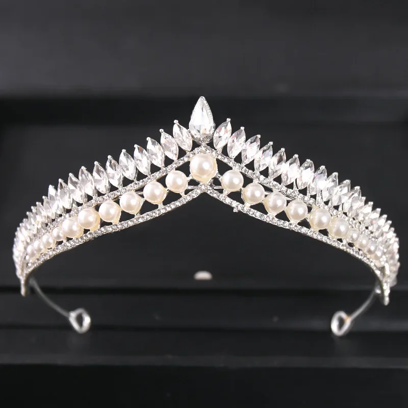 Silver Color Crystal Pearl Crown Tiara Luxury Rhinestone Prom Diadem Crown Women Bridal Wedding Hair Accessories Jewelry Crown