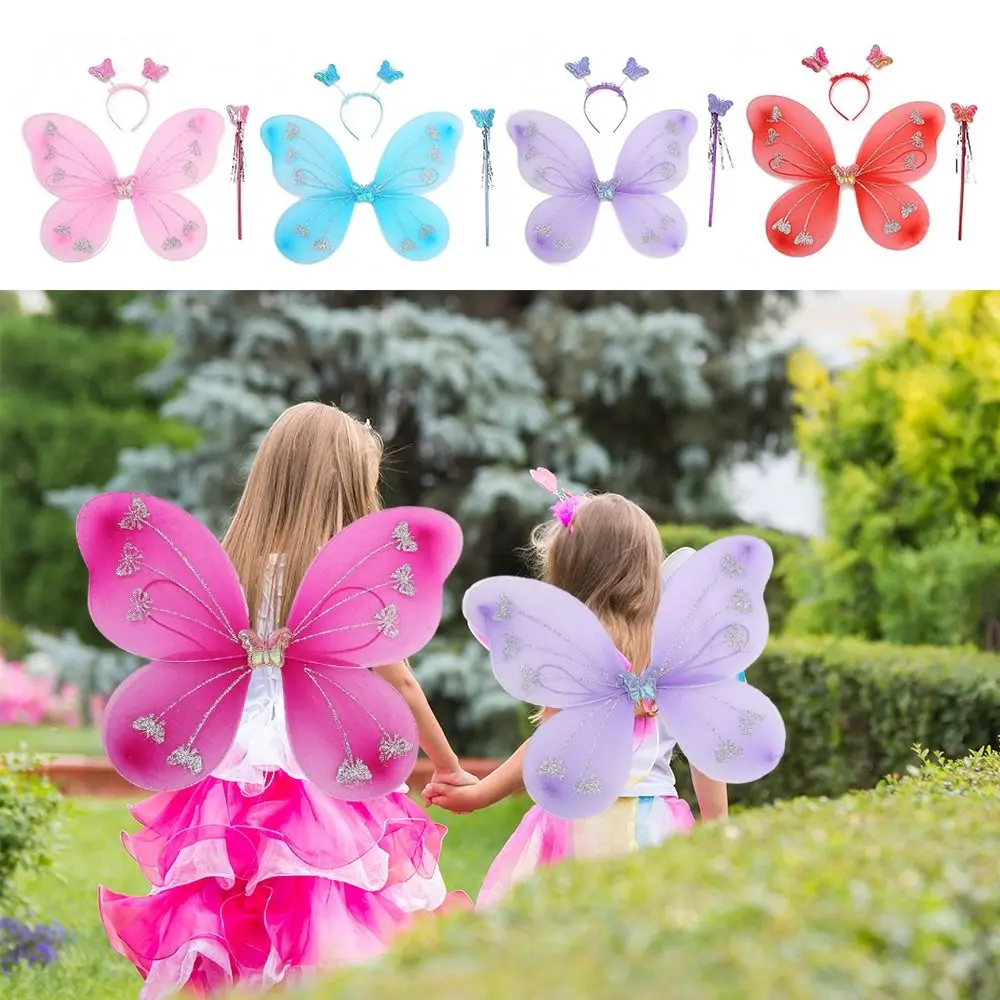 1Set Cute Costume Kids Butterfly Headband Wings Dressing Up with Fairy Wand Glitter Butterfly Party Props Princess Costume Sets