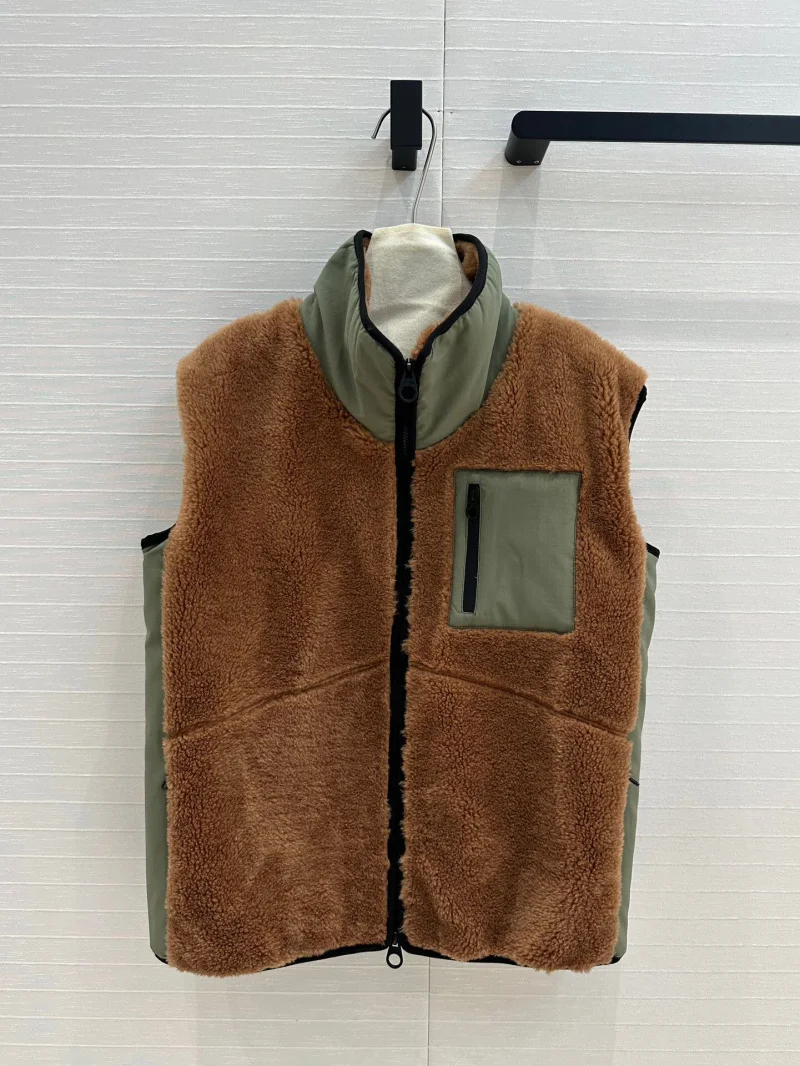 2024 New Winter Fashion Natural Wool Fleece Warm Vest Jacket Women Contrast Patchwork Pocket Loose Casual Vintage Unisex Coat