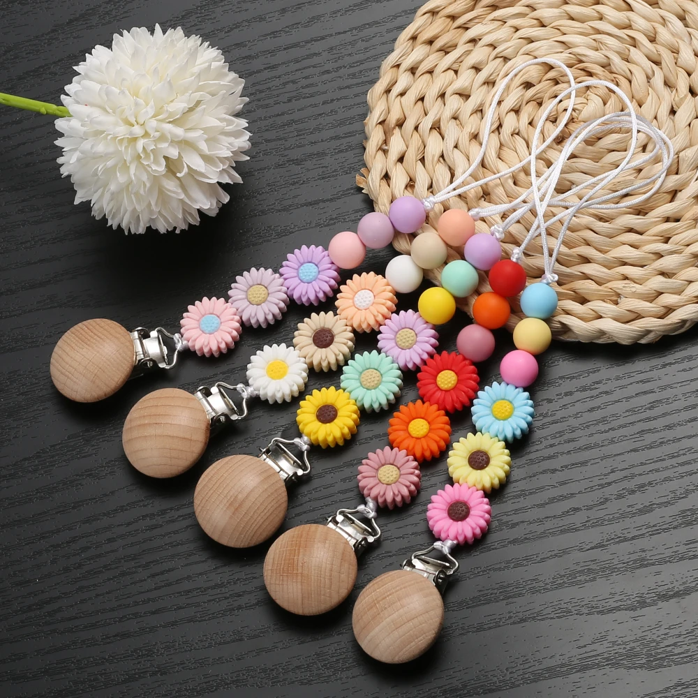 Baby Silicone Pacifier Chain Wooden Pacifier Clip Colorful Daisy Beads Safe for Baby Grit Adhesive Accessories Shower Toys