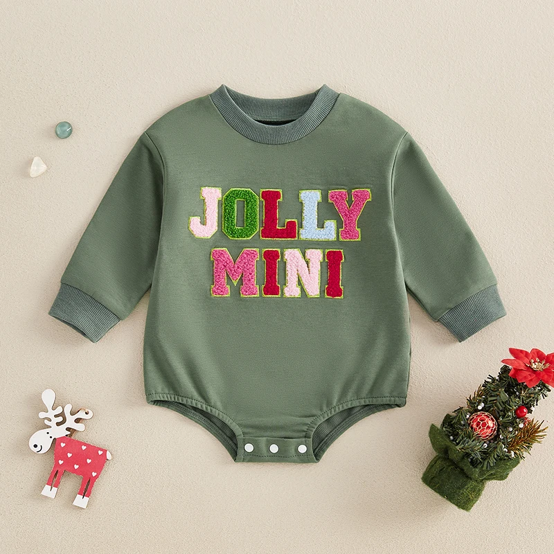 Baby Christmas Romper Long Sleeve Crew Neck Letter Embroidery Bodysuit Newborn Playsuit