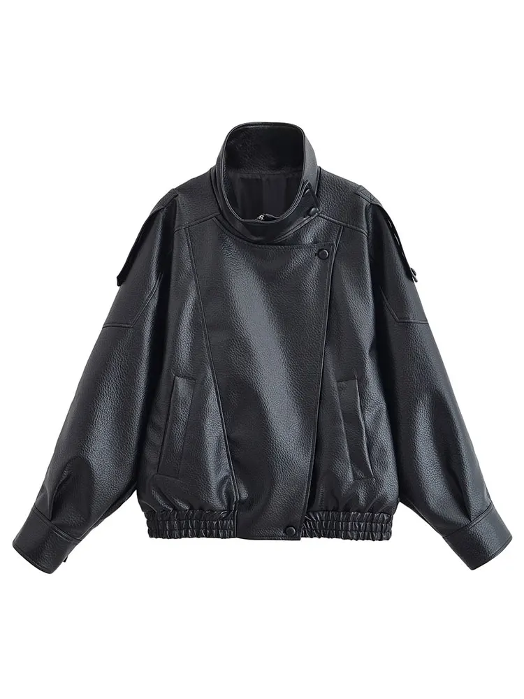 HH Autumn Faux Leather Jacket For Women Casual Solid Long Sleeve Zipper Pu Leather Coats New Fashion Female Streetwear