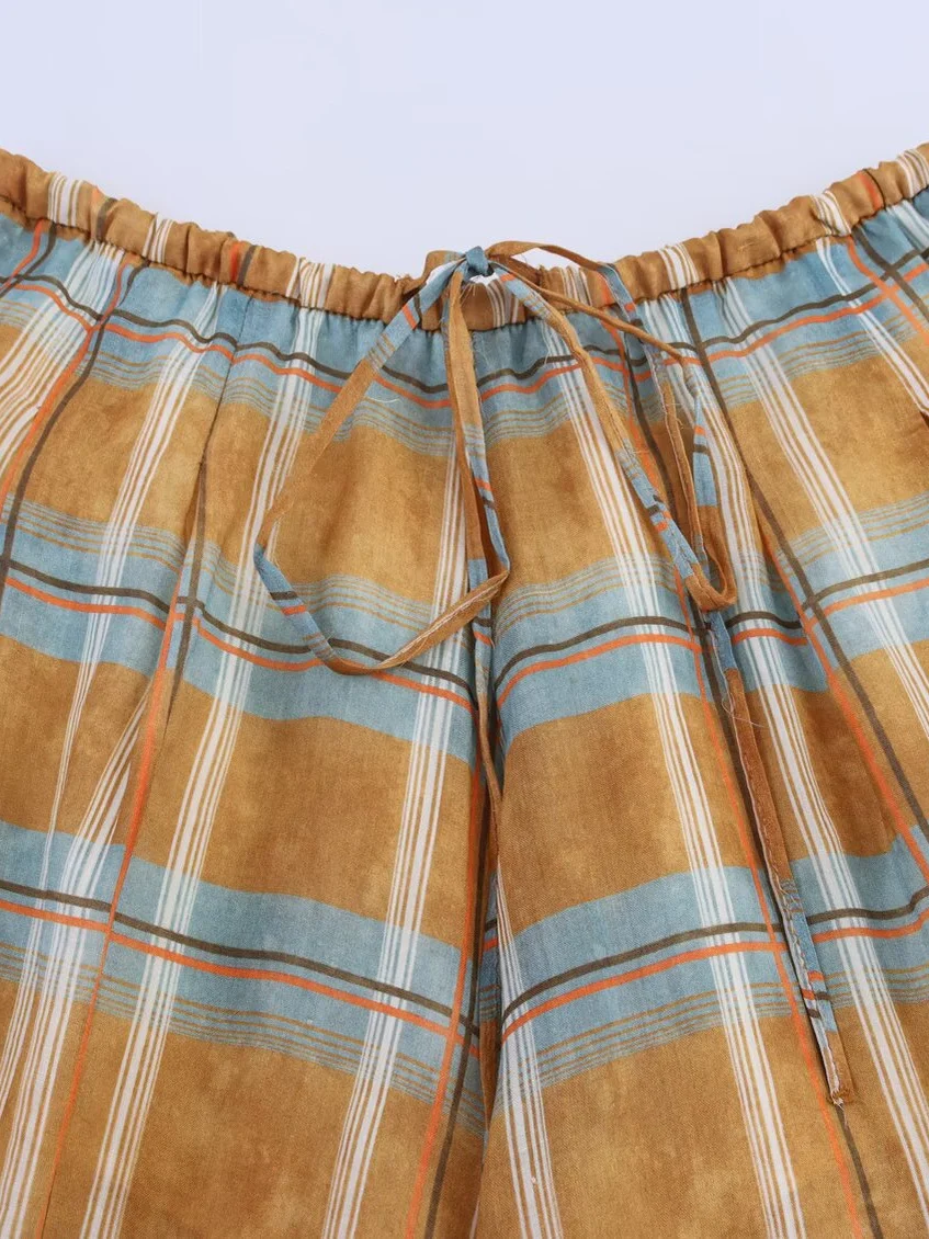 Faionable Plaid Lantern Pants Casual Versatile Women's Straight Leg Trousers Artistic Sle l Waist Elastic Fabric